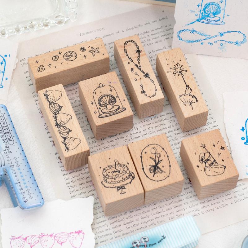 Journal GO 8pcs Cute Wood Stamp Set for Collage Junk Journal Scrapbooking diy Greeting Card Planner Decor Stationery Seal