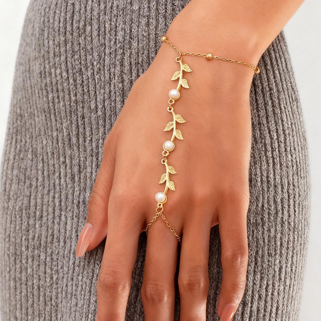 Personalized Green Zircon Leaves Tassel Chain Finger Bangle for Women Gold Color Geometry Knuckle Ring Bracelets Jewelry Gift