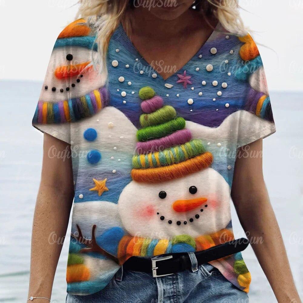 Новая рождественская женская футболка с 3D принтом Санта-Клауса, футболки с короткими рукавами и v-образным вырезом, уличная одежда большого размера, женский пуловер в стиле Харадзюку, топы