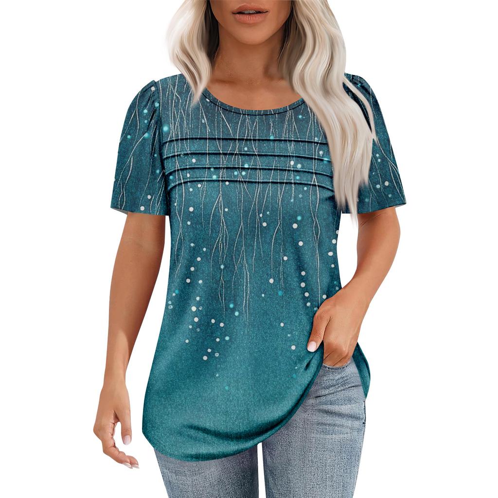 Ladies' Fashionable Printed Round Neck Pleated Short Sleeved Shirt