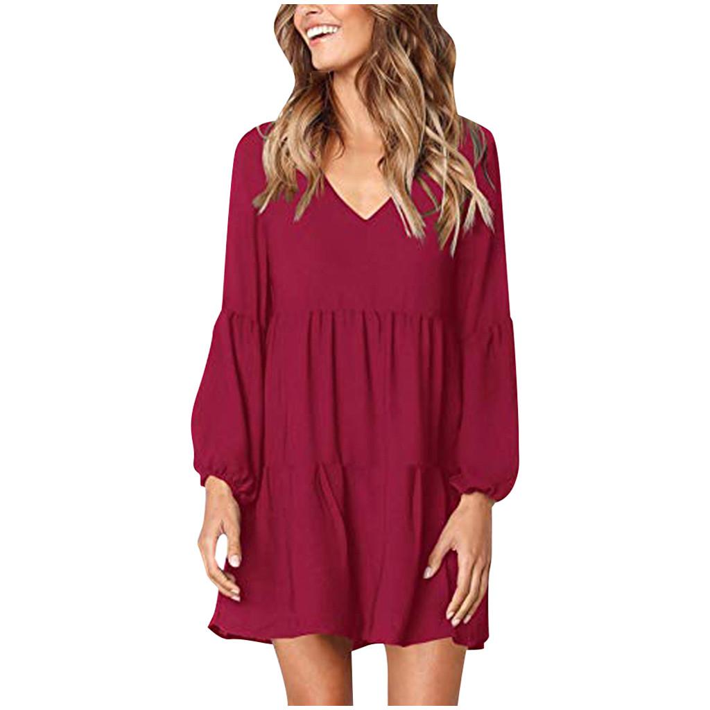 Fashion Women Solid Long Sleeve V-Neck Draped Flowy Swing Dress