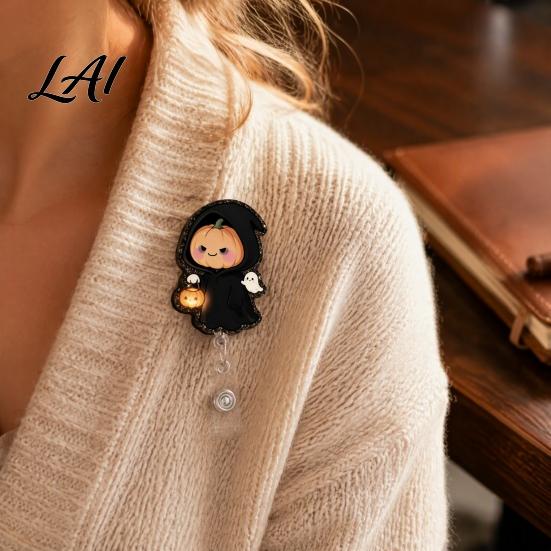 Retractable ID Card Reel Halloween Badge Reel Cute Pumpkin And Grim Reaper Design Acrylic Holder Smooth Pull Cord Clip for Nurse Doctor Teacher