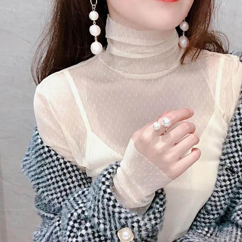Sexy Inner Mesh Bottoming Shirt Women's Autumn and Winter Thin Tight-fitting Transparent Gauze High-neck Gauze Lace Top