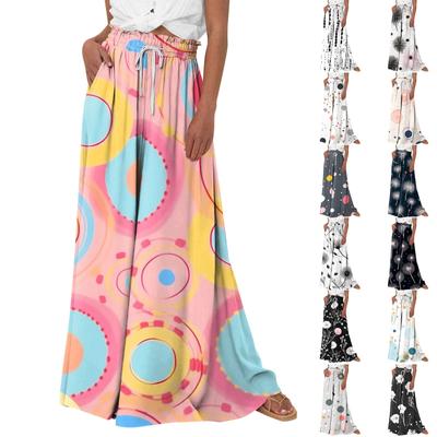Женские широкие брюки с высокой талией, летние повседневные струящиеся брюки-палаццо, пляжные брюки с цветочным принтом и карманом