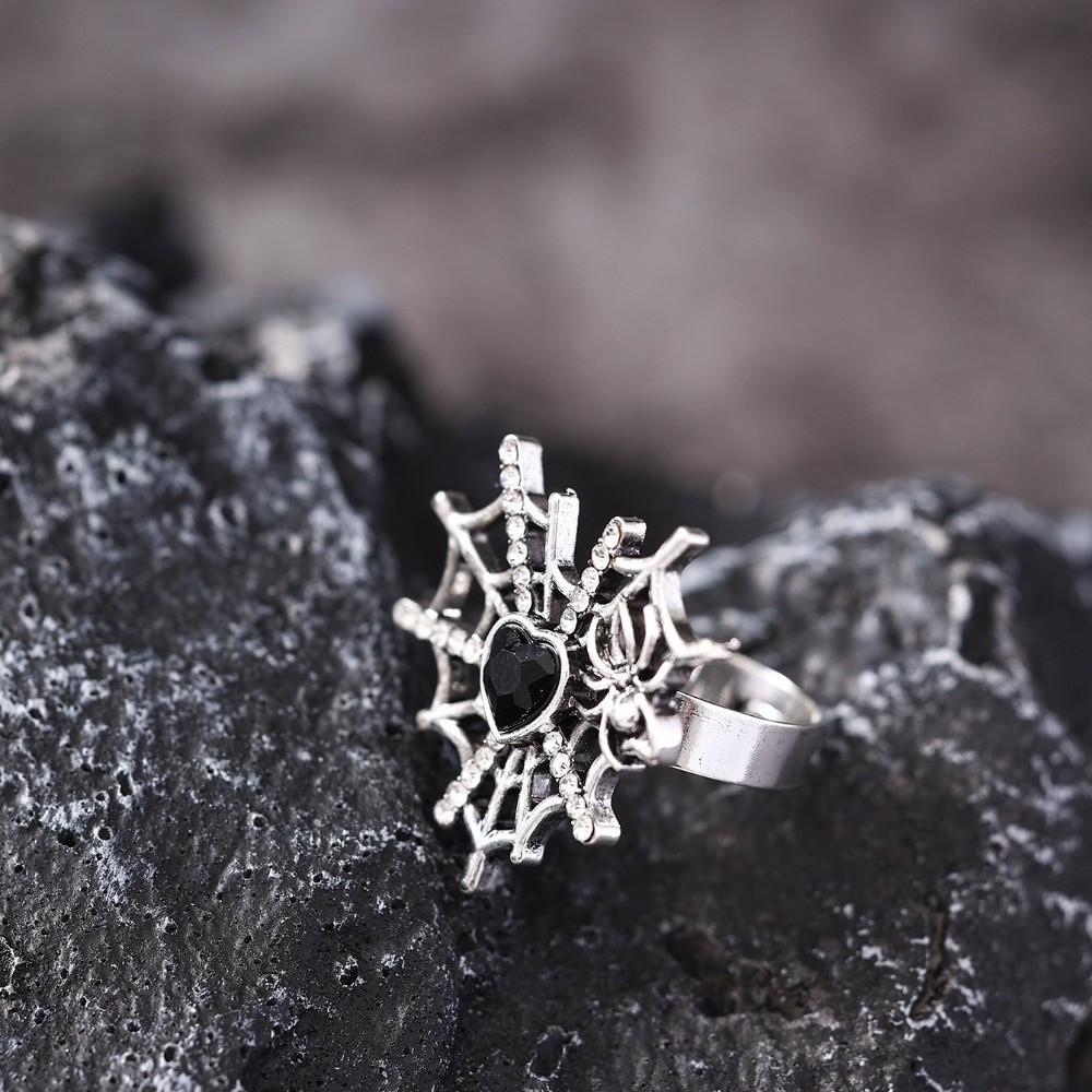 Dark Fashion Spider Web Heart Ring Shiny Rhinestone Halloween Opening Ring  Festival Style