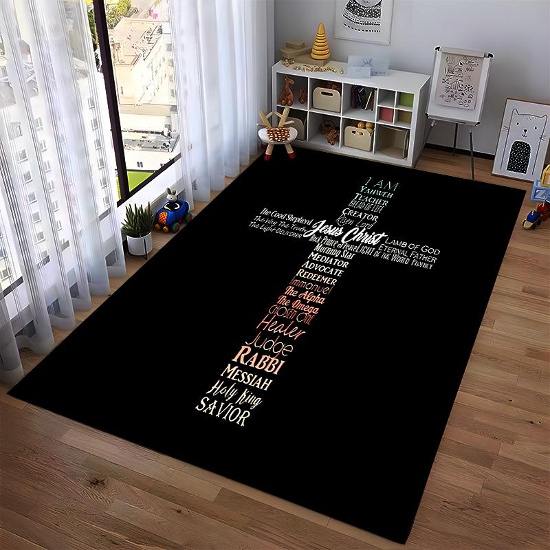 Christian Cross Word Art Non-slip Rug Non-slip rug suitable for living room and bedroom sofas.