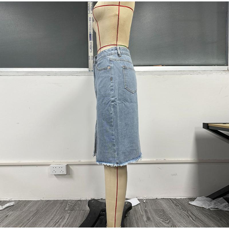 Юбки из денима для женщин, джинсы с высокой талией, потертым необработанным краем, юбка-клеш с карманами, летняя узкая юбка с разрезом и запахом