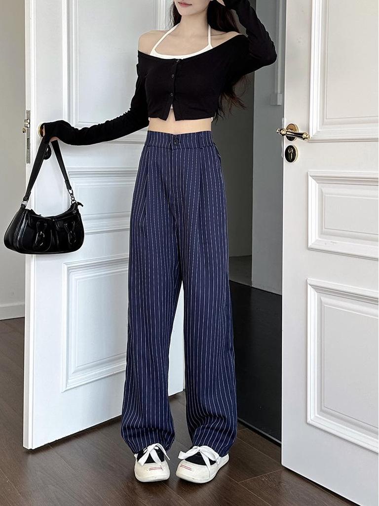 Women's Korean Striped Wide-Leg Pants - Slim, Versatile, Loose Fit for Spring & Autumn 2025