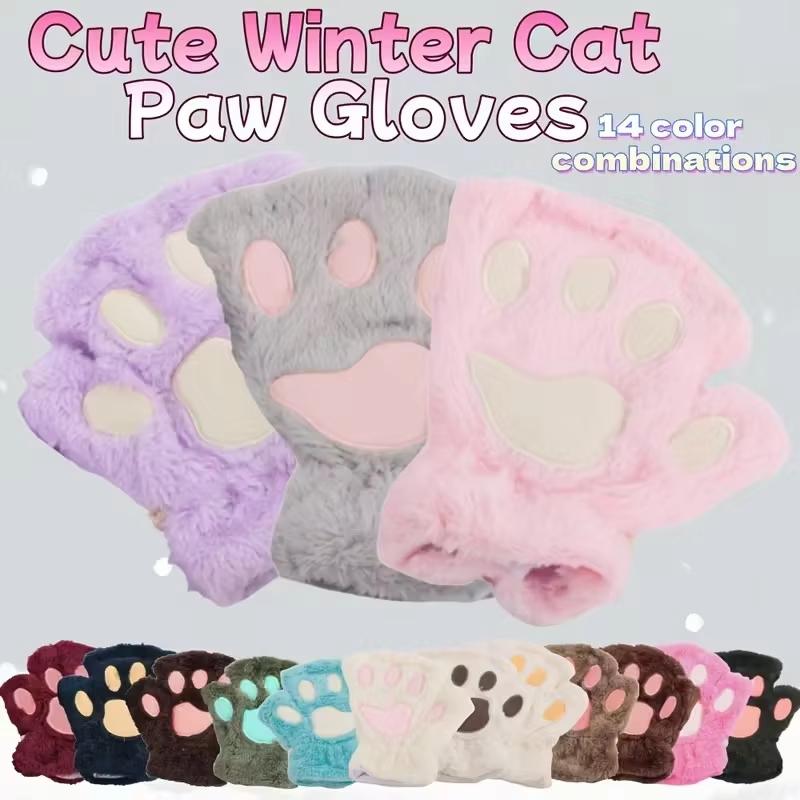Мультяшные милые перчатки с кошачьими когтями, женские плюшевые варежки, теплые мягкие плюшевые короткие перчатки без пальцев с пушистым медведем и котом, костюм на половину пальца