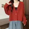 V-neck Fashion Women One Button Cardigan Short Sweater Autumn /Winter Long Sleeve Knitted Jackets Solid Color Elegant Loose Office Basic Casual Coats
