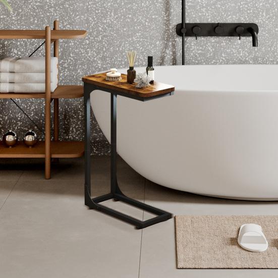 Narrow C-Shaped End Table Slim Couch Side Table Small Space Living Room Bedroom Rustic Slide Under Sofa Bed Skinny Snack TV Tray Table