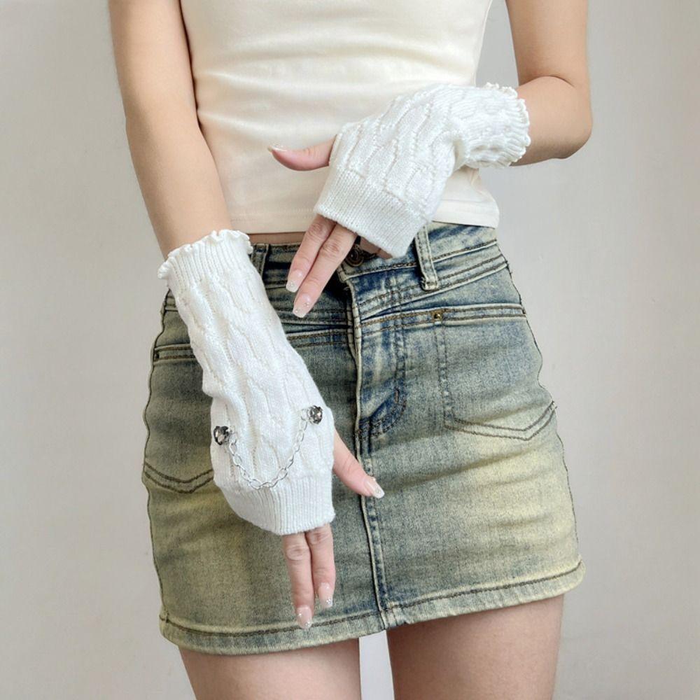 Star Knitted Arm Warmers Heart Fingerless Gloves Fashion Y2K Warm Sleeves JK