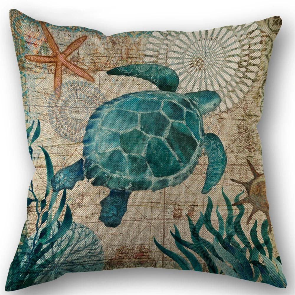 Marine Life Turtle Seahorse Whale Octopus Cushion Cover Pillow Cover Retro Linen Fabric 45x45cm