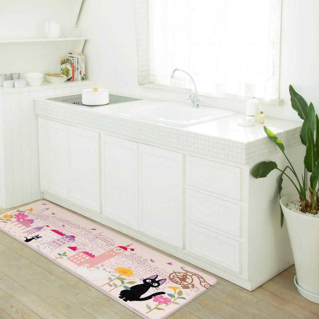 Senko Delivery Service Flower Town Wipeable PVC Kitchen 45 X Character Ghibli 60607 Kiki's Mat, Approx. 120cm, Pink, Jiji, Cat, Design,