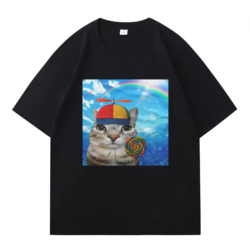Greetings Huzz Tshirt Silly Cat Meme Printed Summer Hip Hop Women Crewneck Shortsleeve Casual Y2k Tshirt Clothing