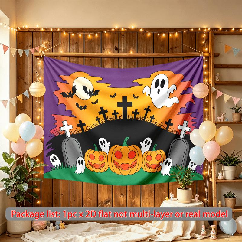 Home Pumpkin Ghost Halloween Party Backdrop, Spooky Polyester Banner for Wall Decor & Photo Booth