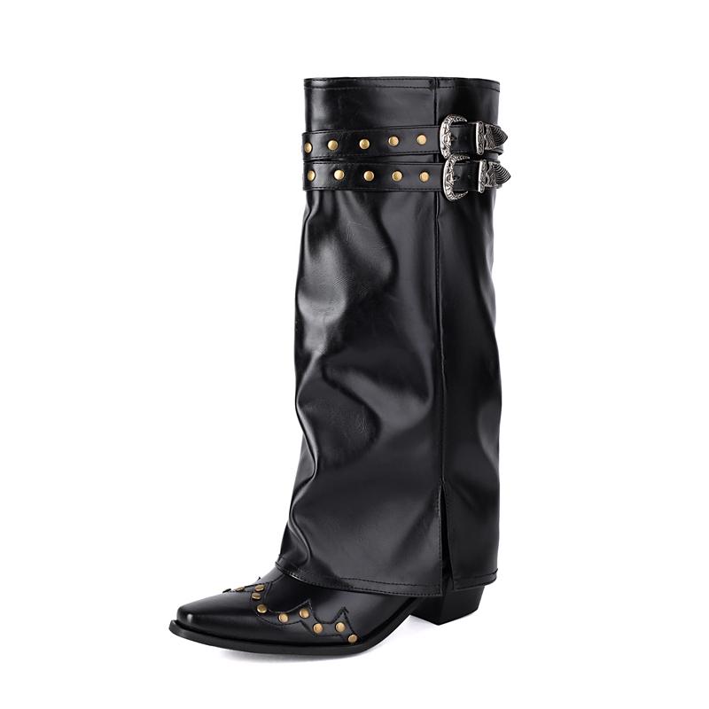 Autumn Winter New Skirt Boots Women's Square Toe Gothic Punk Rivet Knee High Pant Boots Slip On Chunky High Heels Western Boots