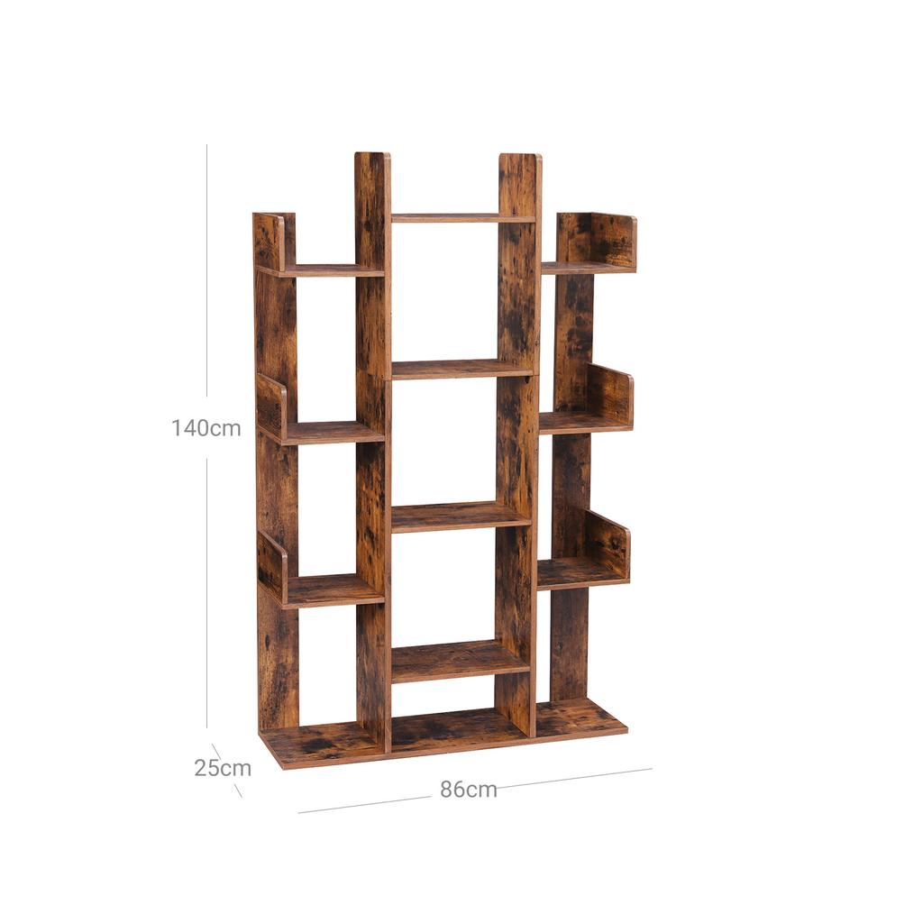 VASAGLE Bookshelf, Tree-Shaped Bookcase with 13 Storage Shelves, 86 x 25 x 140 cm, with Rounded Corners, Rustic Brown