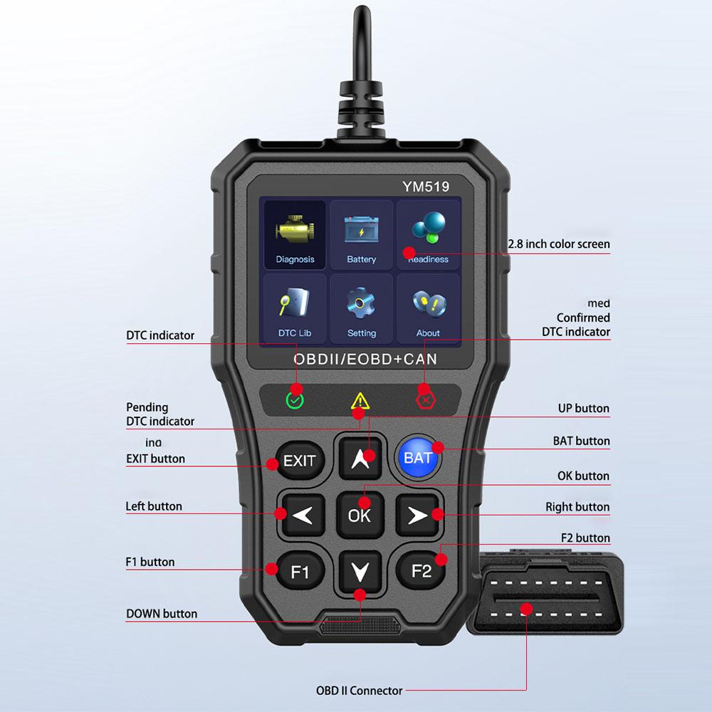Автомобильный диагностический инструмент YM519 Тестер системы проверки двигателя Аккумуляторный тестер Считыватель кодов Многоязычный Сканер кодов неисправностей Считыватель кодов OBD2