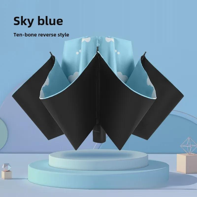 Автоматический женский зонт-цветок двойного назначения: Защита от ветра/дождя и УФ-излучения с тройным складыванием на черном клее.