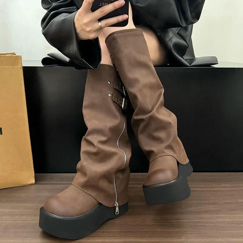 Fashion Chunky Women Knight High Boots Fashion Platform Flats Trouser Long Booties Autumn Winter Female Western Cowboy Shoes
