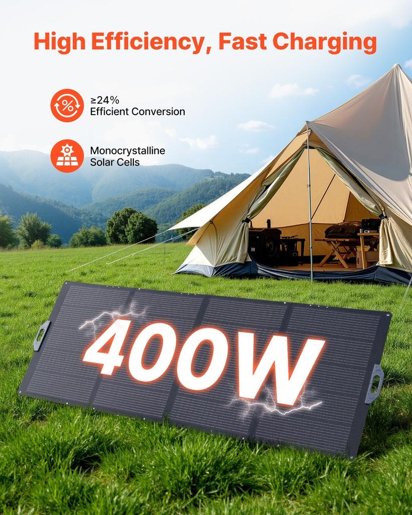 400W Foldable Solar Panel, 24% High-Efficiency Portable Monocrystalline Solar Panel Charger with MC4 Output & 10-in-1 DC Adapter, IP67 Waterproof for
