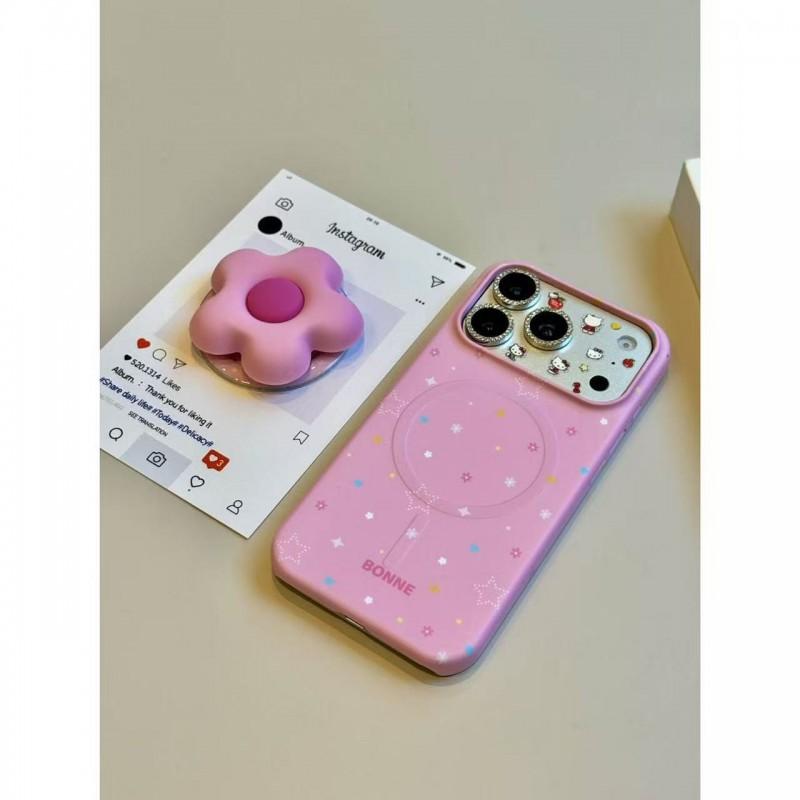 Korean Ins Style Pink Floral Plaid Star Phone Case IPhone 17 Pro Max 16 15 With Magnetic Stand