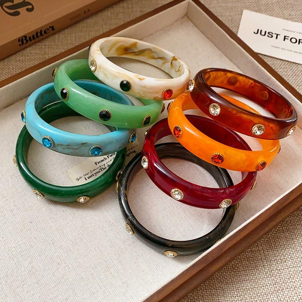 Zircon Rhinestone Colored Bracelet Bohemian Retro Hand Ring Unique Acrylic Bangle  Women