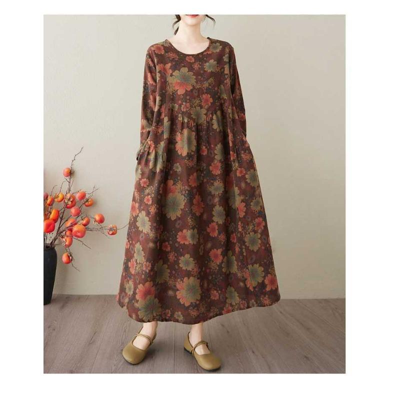 Весенне-летнее платье нового стиля в стиле ретро из хлопка и конопли с круглым вырезом, карманом и длинным рукавом, женское свободное тонкое платье А-силуэта