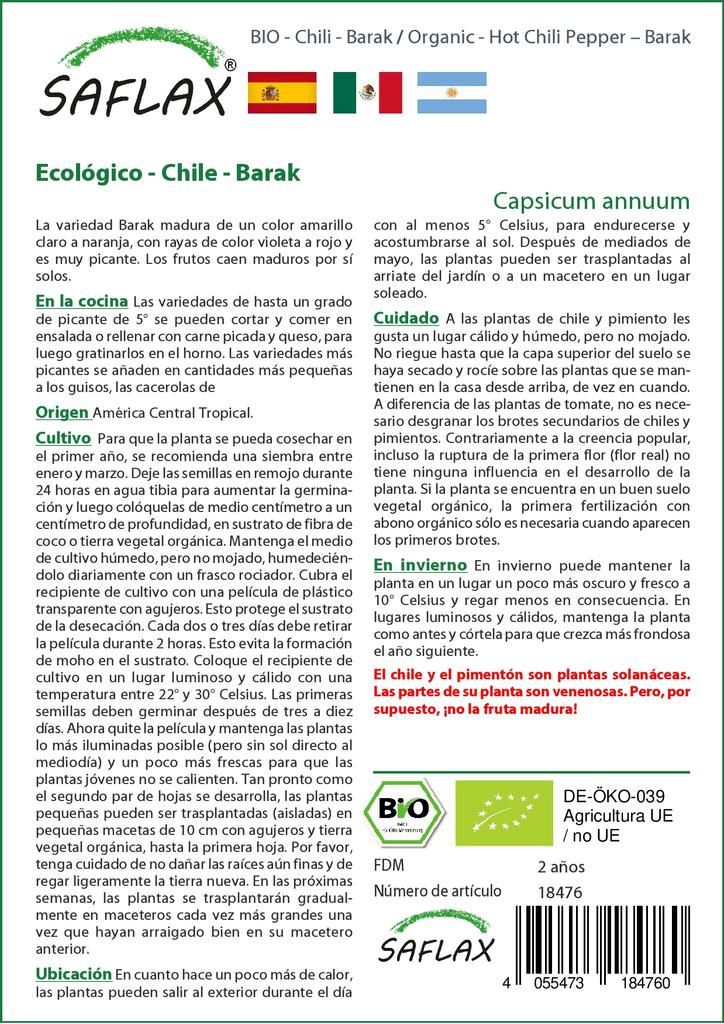 SAFLAX Garden in the Bag - Органический - Острый перец чили - Барак - 15 семян - С субстратом в подходящем пакете - Capsicum annuum