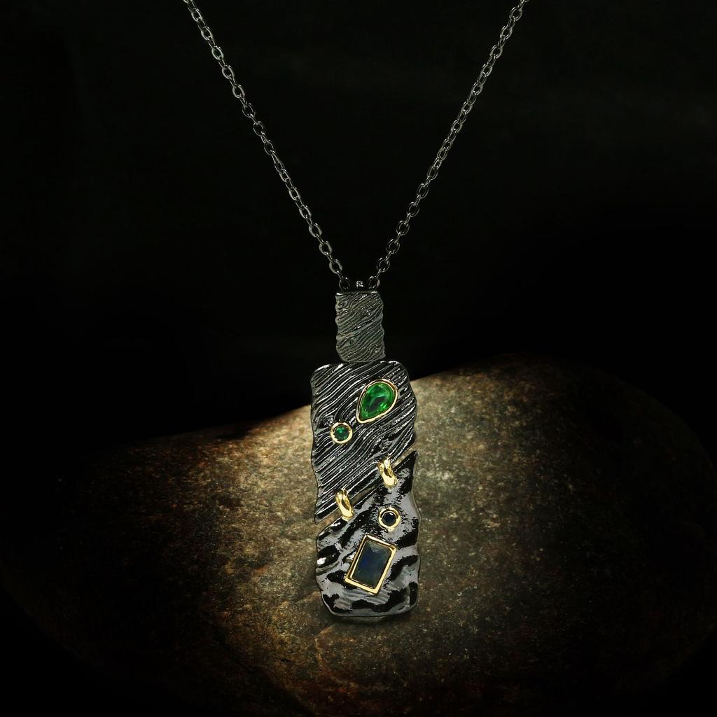 Модное колье-чокер с изумрудной подвеской из серебра 925 пробы для женщин, ретро, черное золото, преувеличенная личность, подарок