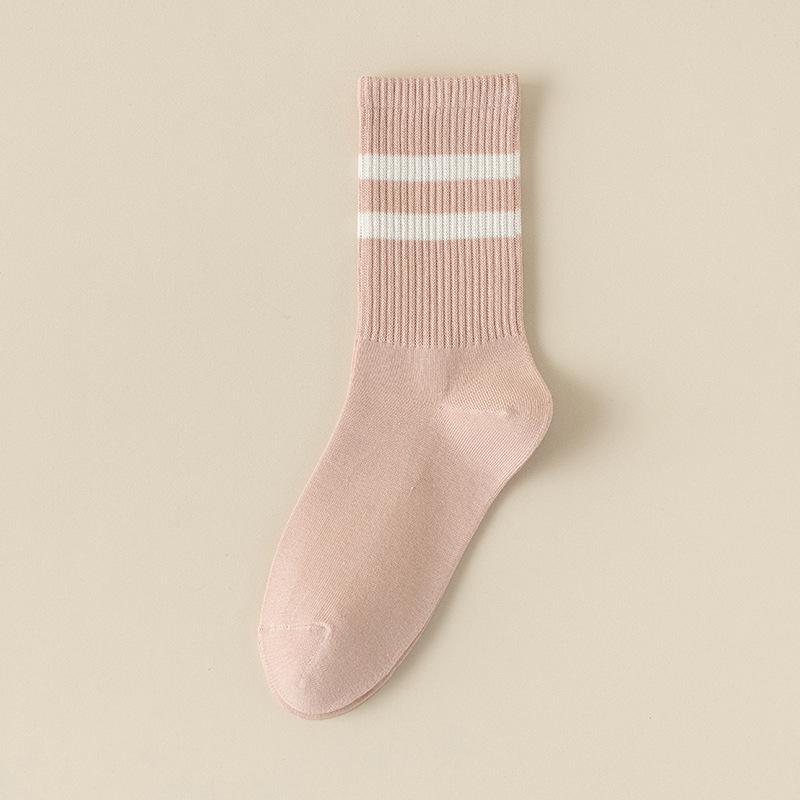 Pure Cotton Socks for Women In Autumn and Winter, Mid-calf Sweat-absorbing and Odor-proof Double-bar Striped Sports Long Calf Cotton Socks
