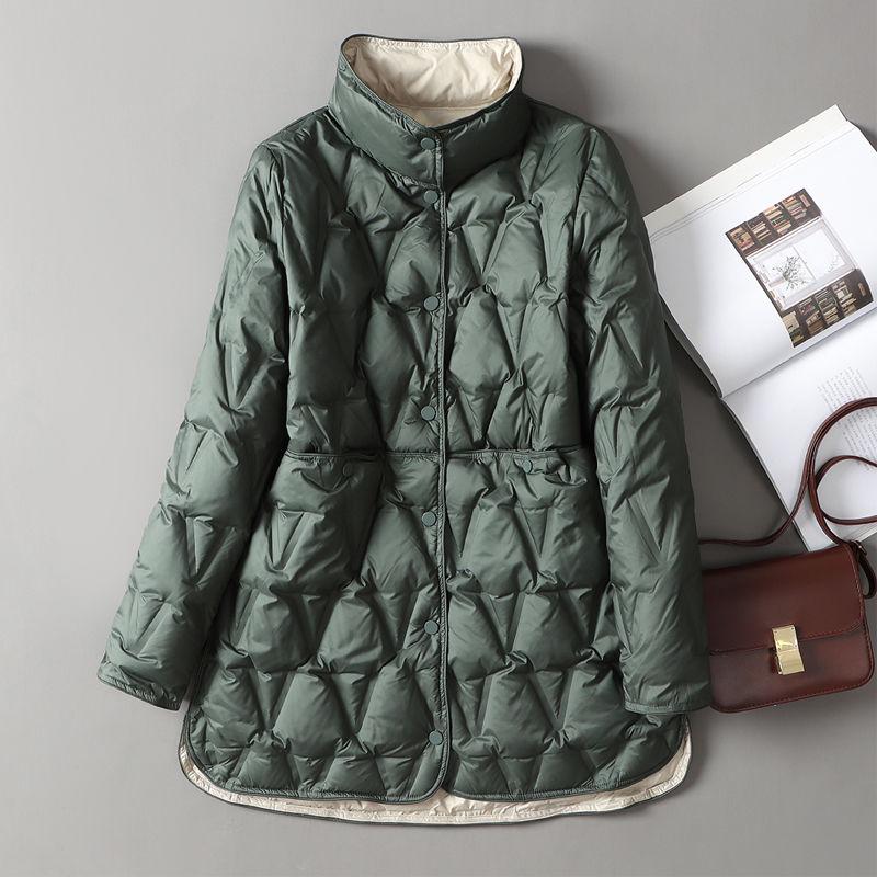 Winter Double-sided Slim Fit Women Ultralight Duck Down Jacket Argyle V-neck Collar Casual Autumn Winter Outwear Coat