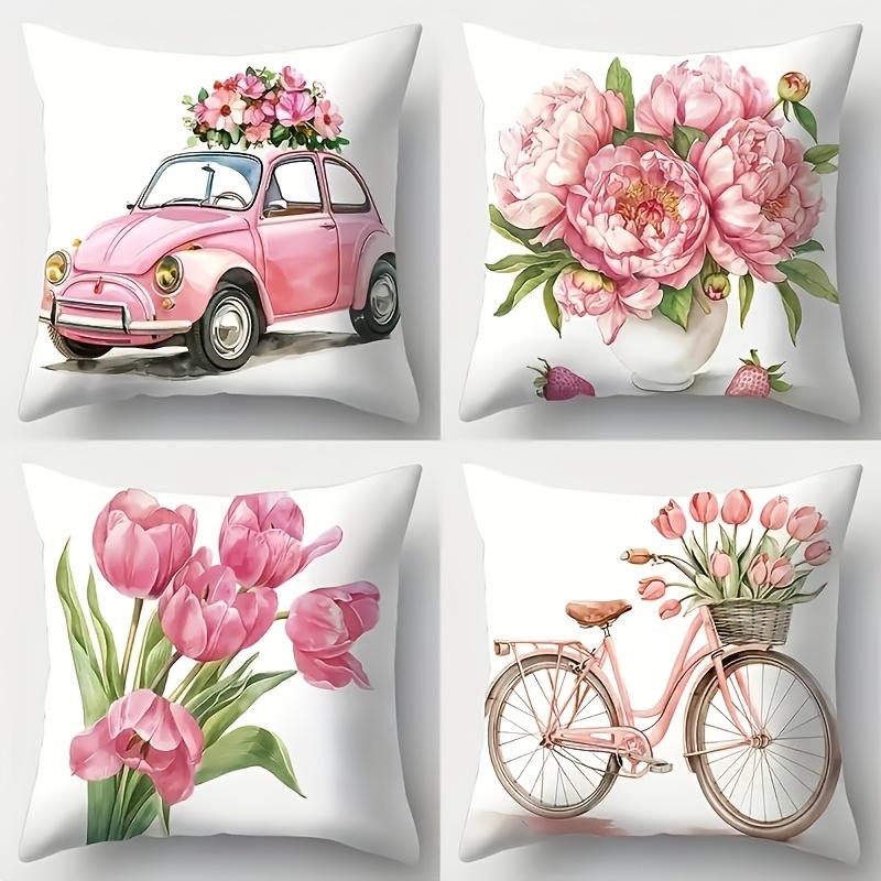 4 Pack Pink Watercolor Pillowcases 45X45Cm Floral Car Bike Design Cushion Covers For Living Room Gift Spring Decor