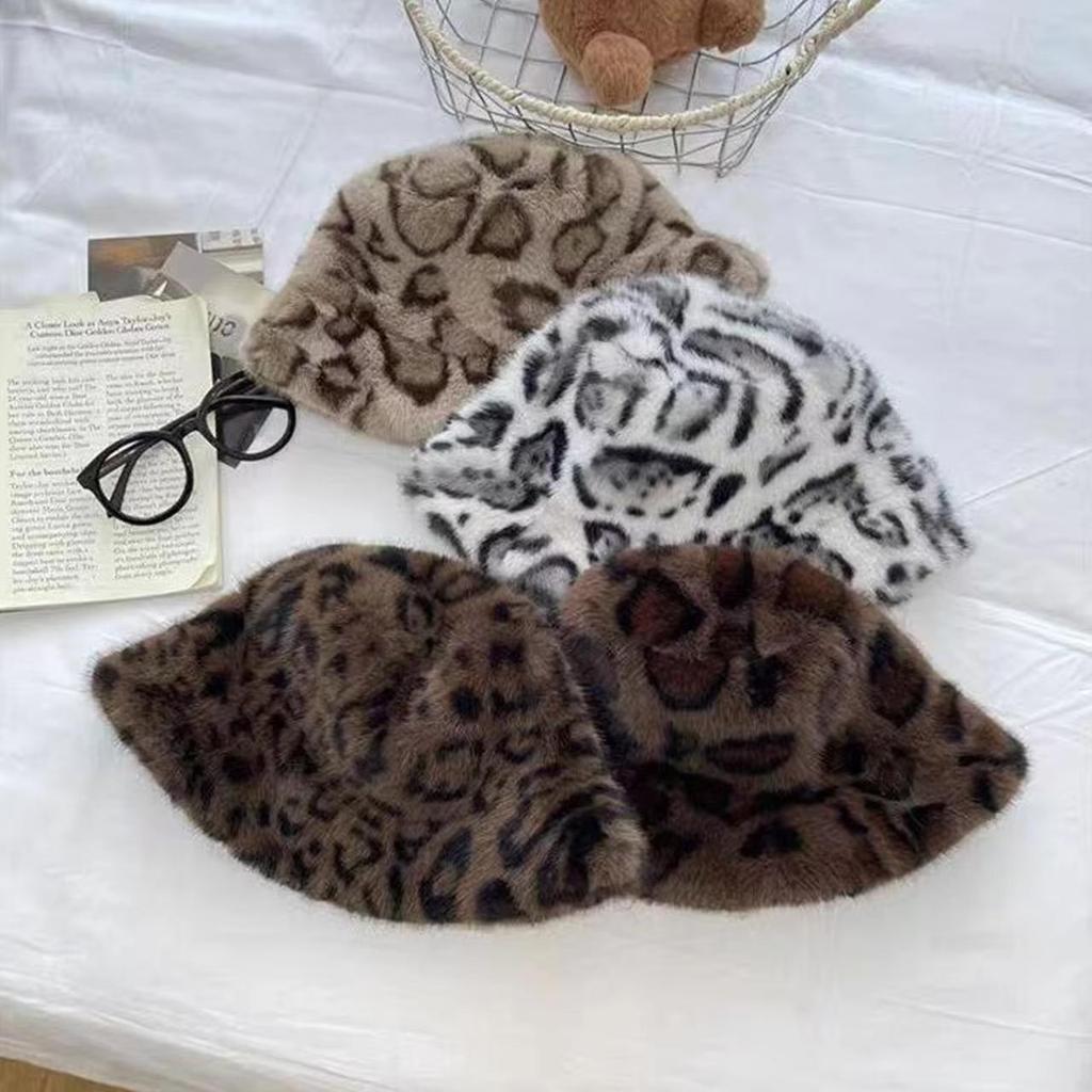 Винтажная леопардовая плюшевая панама для женщин с широкими полями, зимняя теплая пушистая меховая шапка-рыбачка, женская уличная ветрозащитная шляпа-ведро