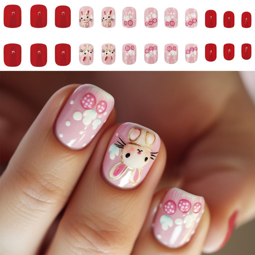 24 шт. Квадратные накладные ногти короткой длины с узором кролика, накладные ногти с полным покрытием, наклейки для маникюра для женщин