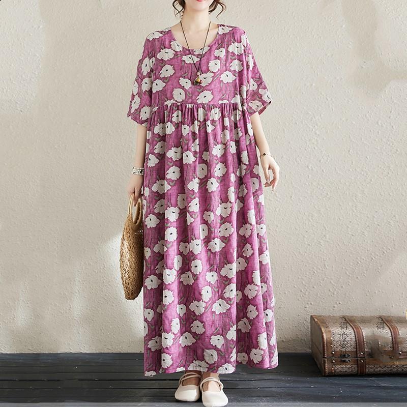 Новые платья из хлопка с короткими рукавами больших размеров и цветочным принтом для женщин, повседневные свободные длинные летние платья
