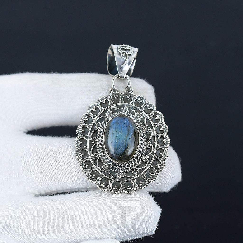 Кулон из лабрадорита, ювелирное изделие ручной работы, ожерелье из стерлингового серебра 925 пробы, натуральный голубой огненный лабрадорит, драгоценный камень, кулон, подарок для него на Новый год