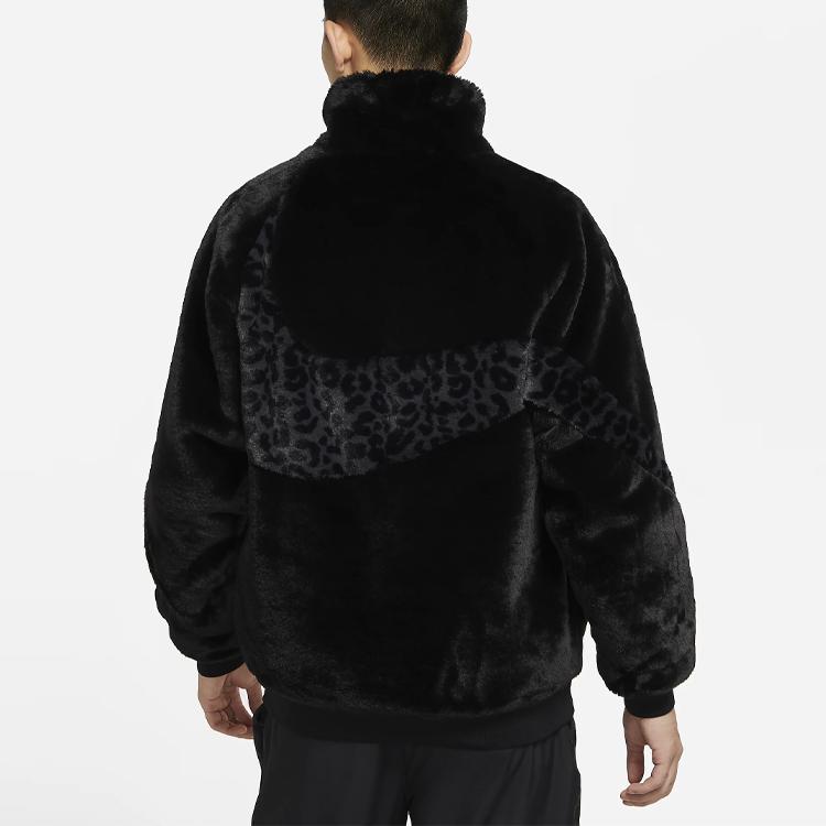 Nike Спортивная одежда Swoosh с леопардовым принтом и большим логотипом на крючках, велюровая спортивная куртка из искусственного меха, мужская верхняя одежда, черный DH6685-010