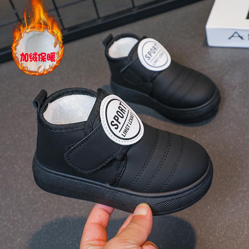 Мода 2024 Зимние Теплые Снежные Ботинки Детские Кожаные Плюшевые Ботильоны Мальчики Девочки Мягкая Подошва Хлопковая Обувь Детская Мода Обувь для Малышей