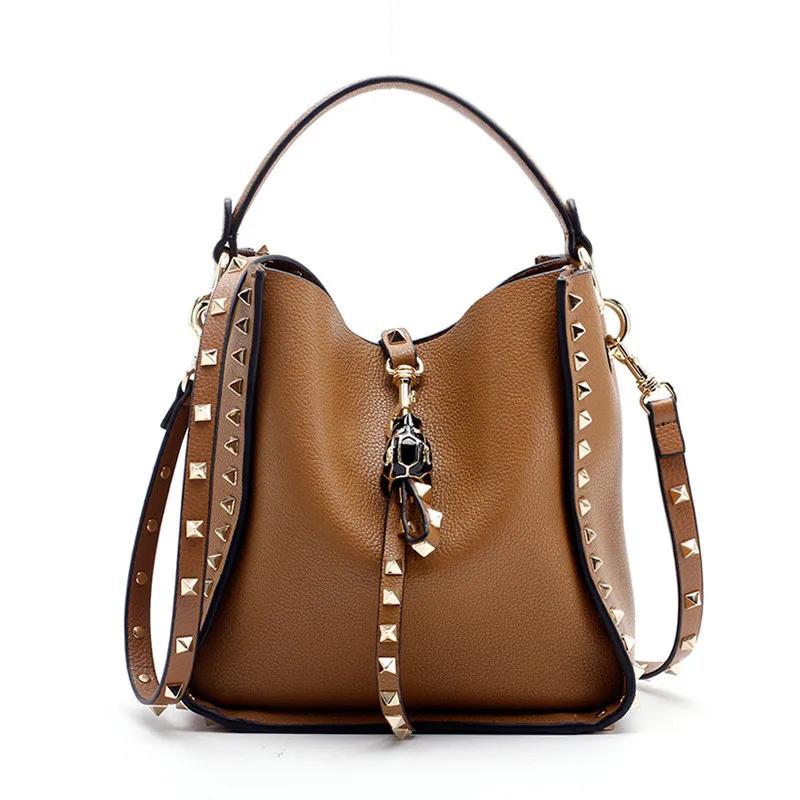 Роскошная женская сумка через плечо из кожи Lychee Rivet Fashion Senior Leisure Hot Bucket Bag Handbag