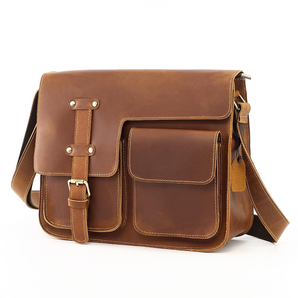 Men's Crazy Horse Leather Crossbody Bag - Genuine Leather Messenger & Multifunctional Computer Briefcase
