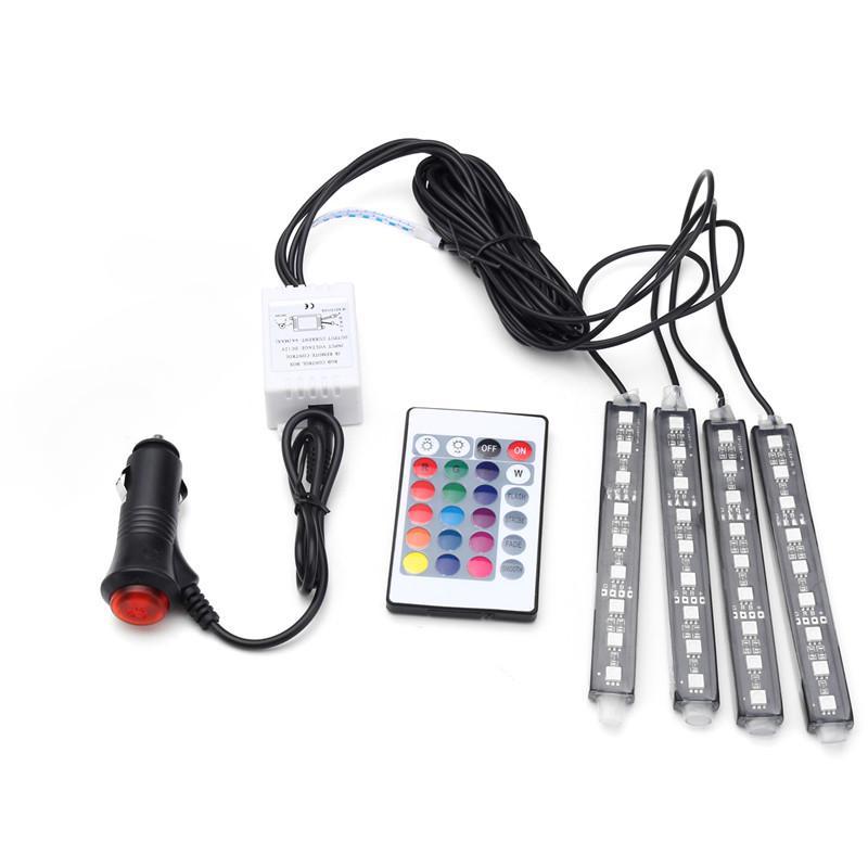 4pcs Car RGB LED Strip Light LED Strip Lights Colors Car Styling Decorative Atmosphere Lamps Car Interior Light With Remote 12V