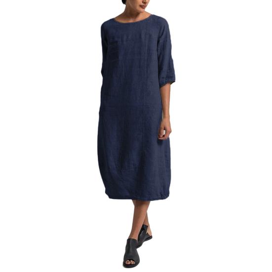 Newest Vintage Summer Women Solid Color O Neck Half Sleeve Linen Soft Loose Midi Dress