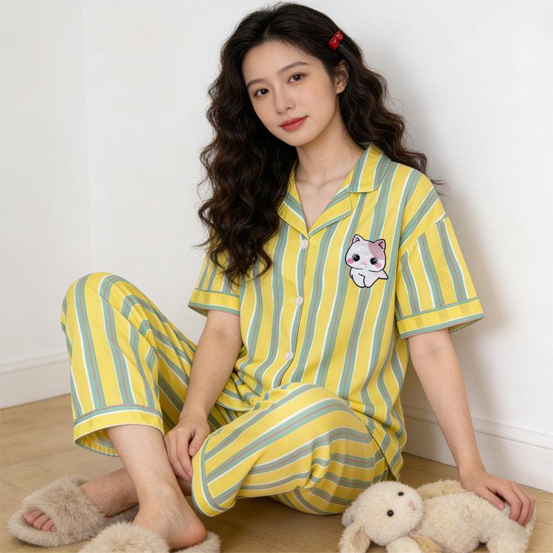 Imitation cotton cardigan pajamas women's summer short-sleeved trousers pastoral cartoon little yellow duck loose and comfortable loungewear