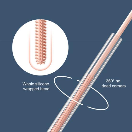 2 Pcs Reusable Silicone Straw Brush with Stainless Steel Bar Extra Long Pipe Cleaner Brush Straw Bottle Drink Lid Cleaning Brush Drinking Straw