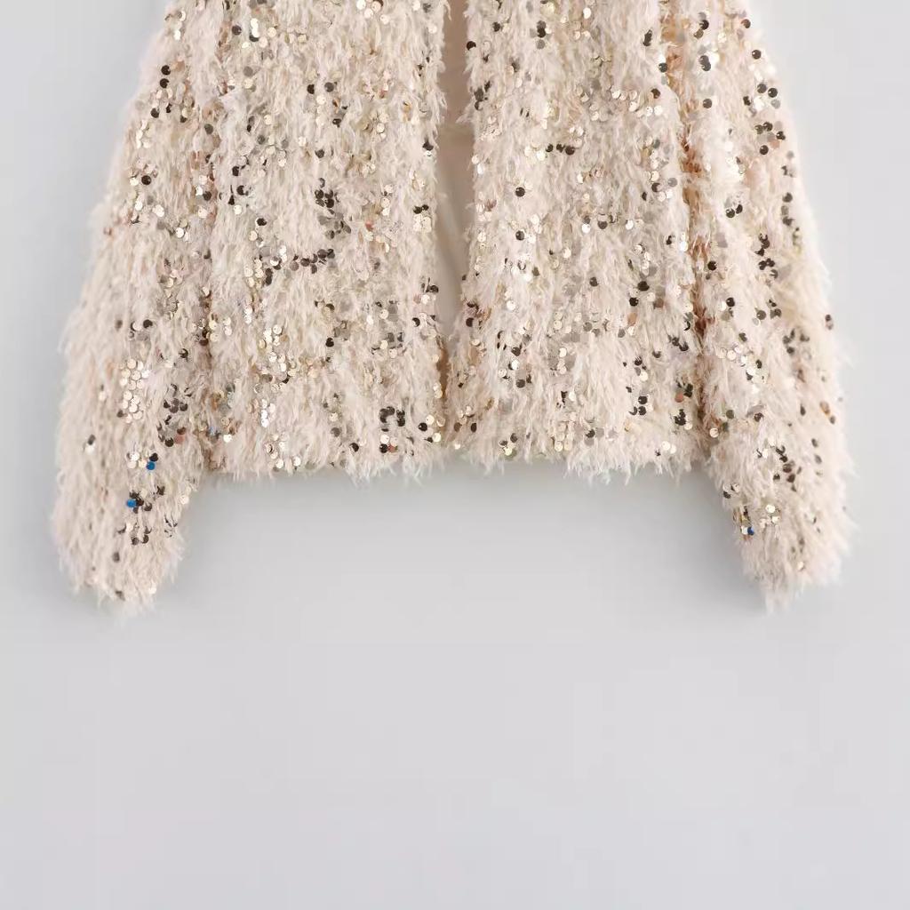 Short Feather Sequins Knitted Cardigan Women Temperament Elegant Round Neck Long-sleeved Jacket