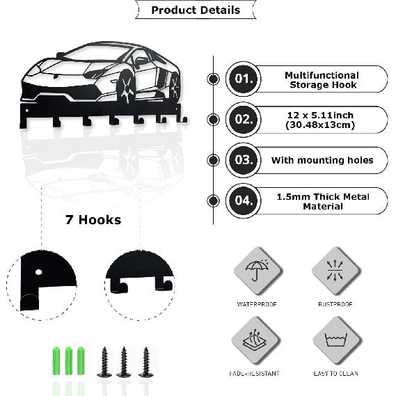 Metal Car Key Holder for Wall,Metal Key Organizer Wall Decorative with 7 Hooks,Black Wall Mount Key Holder for Entryway,Front Door,Hallway,Office