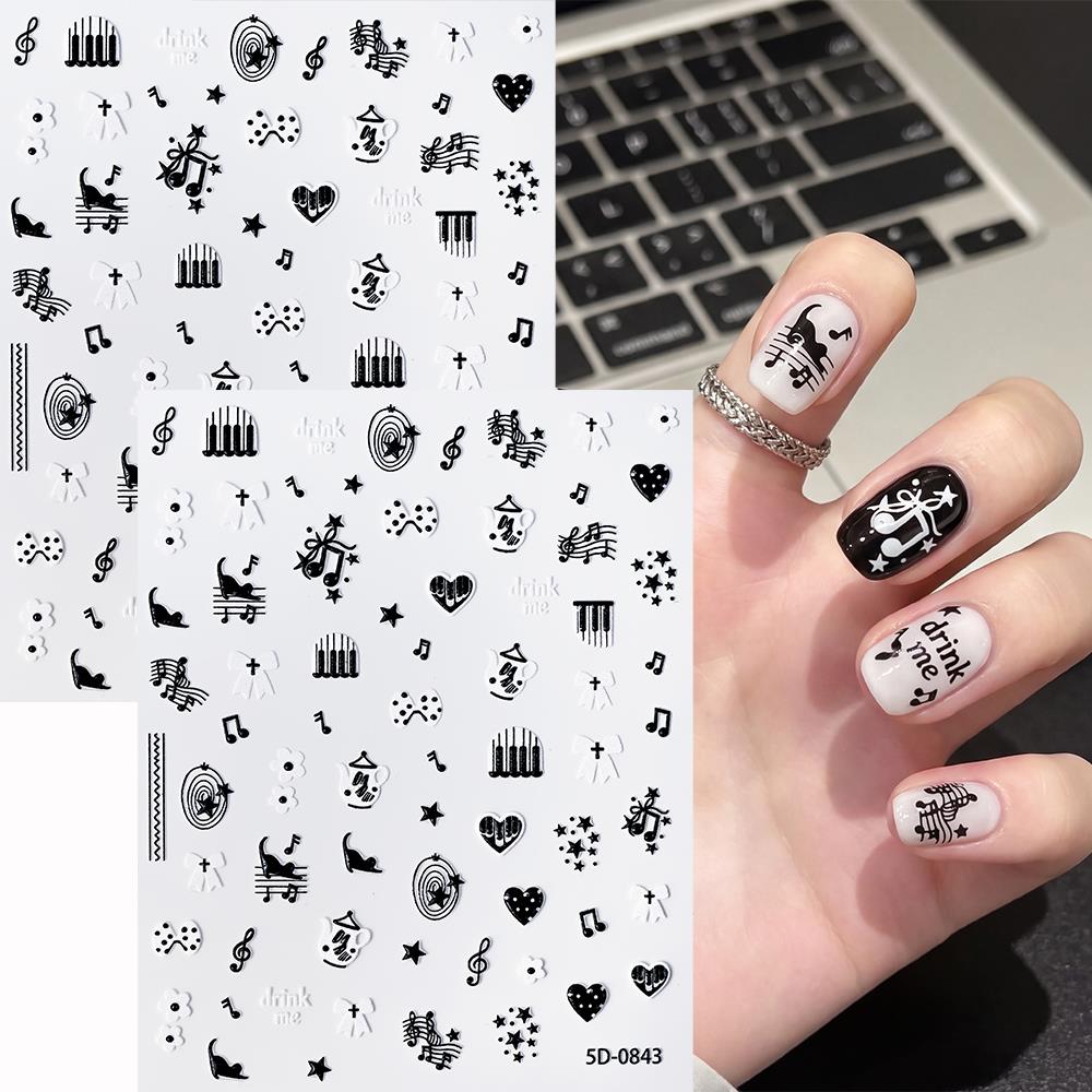 1/2Pcs 5D Black White Music Notes Piano Keys Nail Stickers Polka Dot Bow Star Flower Nails Decals Y2K Girls Manicure Decoration