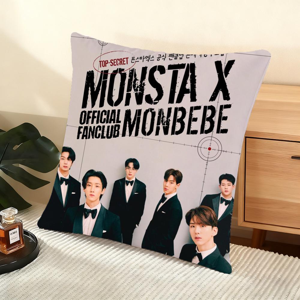 Подушка с принтом K-POP группы Monsta X, шелковистая коротковорсовая, для дивана, с потайной молнией, элемент домашнего декора